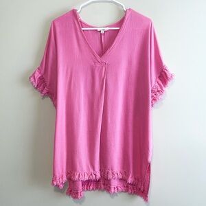 Umgee Linen Blend Fringe Edge Oversized Top